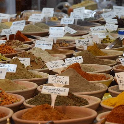 Indian spices from Kerala including cardamom, black pepper, ginger and turmeric